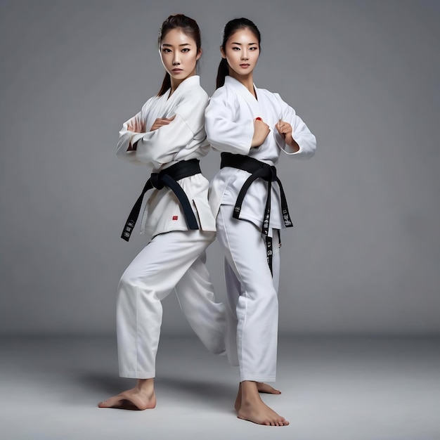 Fotografia in studio di due donne atlete di taekwondo che si allenano isolate su uno sfondo nero