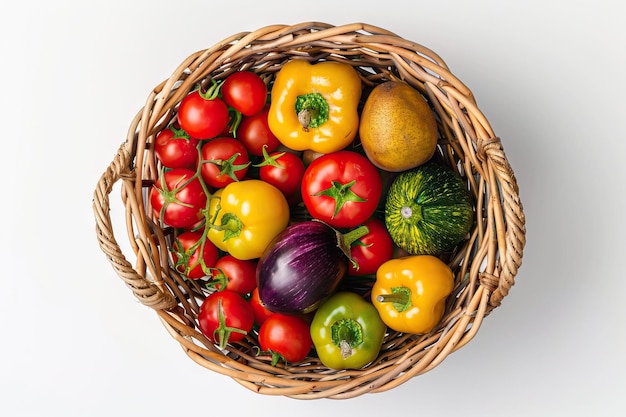 Fotografia in studio di frutta e verdura salutare in cesto