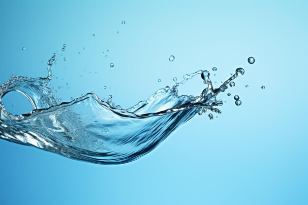 Fotografia in studio di un affascinante schizzo d'acqua blu chiaro con bolle d'aria e gocce di liquido