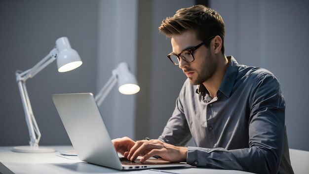 Fotografia in studio di un lavoratore maschio creativo pensieroso o di una tastiera di giornalista su un computer portatile