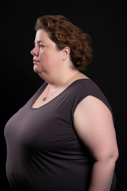 Fotografia in studio di una donna in sovrappeso su uno sfondo grigio creata con l'AI generativa