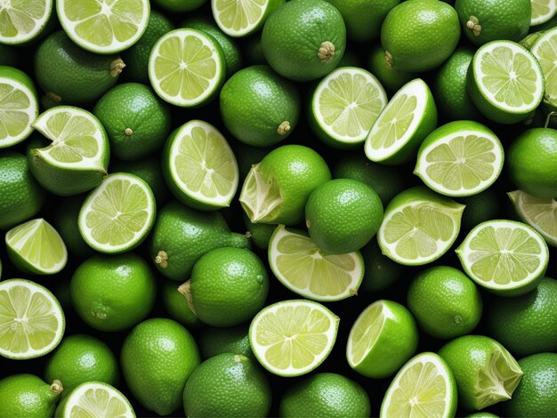 Fotografia intera e tagliata di limoni verdi maturi freschi come vista ravvicinata di sfondo