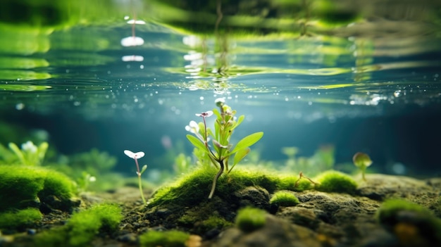 Fotografia macro a metà divisa subacquea flusso di acqua dolce giovane pianta verde all'aperto primavera bella generativa AI AIG32