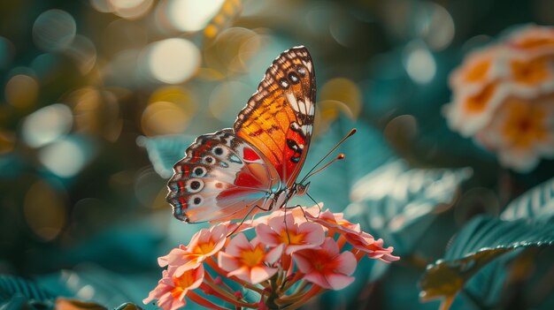 Fotografia macro cinematografica Farfalla vibrante appollaiata su un fiore colorato