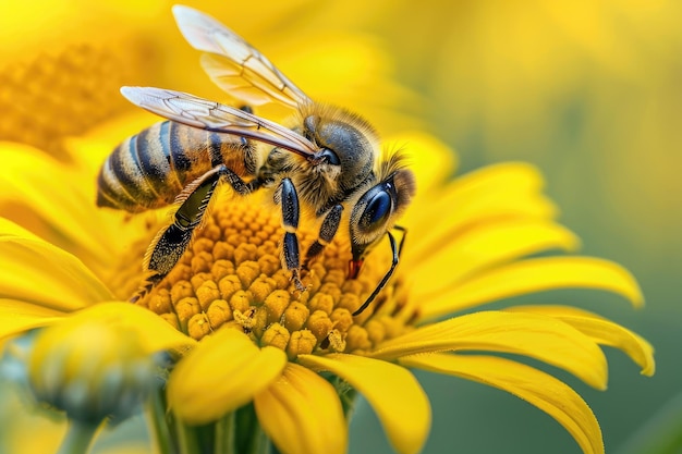 Fotografia macro da vicino di un'ape che raccoglie miele su un fiore