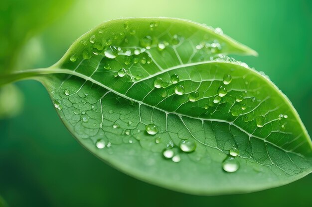 Fotografia macro di primo piano di foglie verdi fresche con sfondo astratto Raindrop