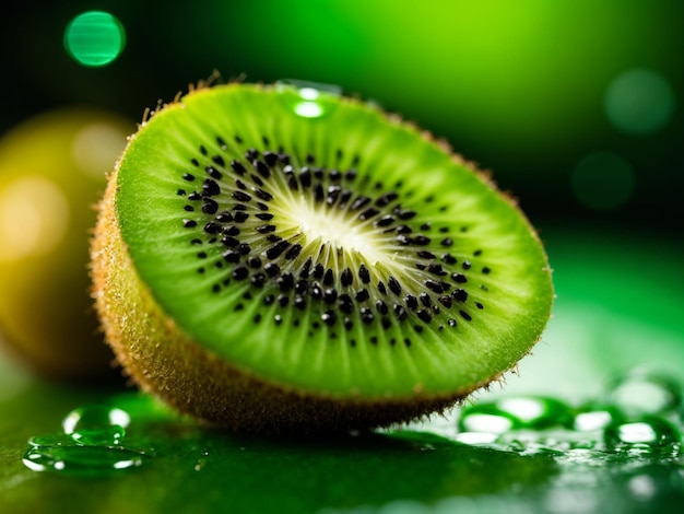 Fotografia macro di un kiwi che mostra il seme nero