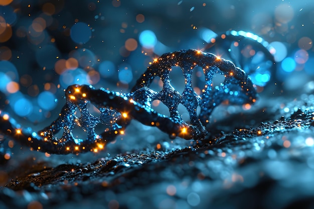 Fotografia macro di una cellula di DNA umano con piccoli punti arancione luminosi su uno sfondo blu scuro