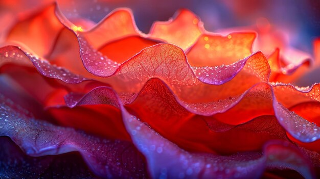 Fotografia macro vibrante di gocce di rugiada su petali di fiori rossi con sfondo Bokeh blu