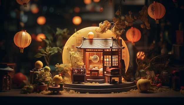 Fotografia minima del festival di metà autunno con oggetti in miniatura Servizio fotografico del festival creativo per com