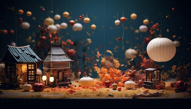 Fotografia minima del festival di metà autunno con oggetti in miniatura Servizio fotografico del festival creativo per com