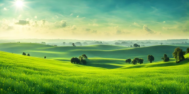 Fotografia minimalista che cattura un paesaggio estivo soleggiato con una lussureggiante vegetazione verde