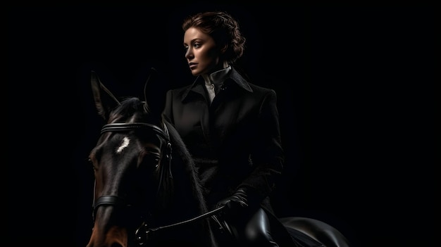 Fotografia minimalista donna elegante in Gucci seduto a cavallo su sfondo nero