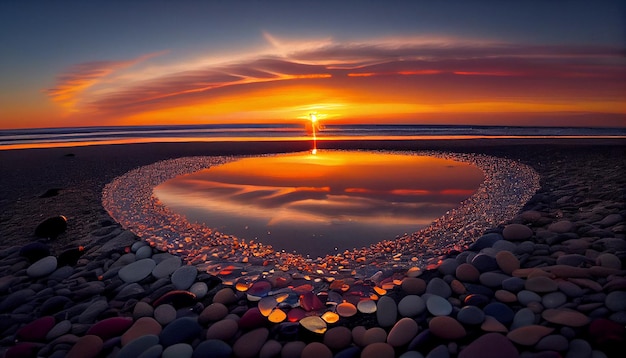 Fotografia mozzafiato di una spiaggia con pietre luminose al tramonto