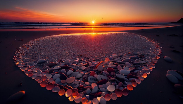 Fotografia mozzafiato di una spiaggia con pietre luminose al tramonto