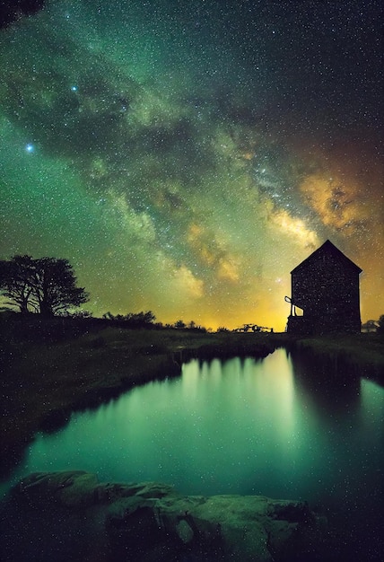 Fotografia naturalistica Un grande mulino ad acqua con la Via Lattea sopra l'illustrazione in stile 3d