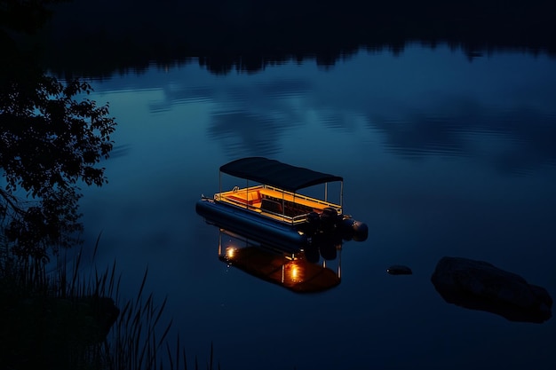 Fotografia notturna di una barca a pontone illuminata che galleggia su un lago tranquillo