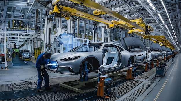 Fotografia panoramica linea di produzione di automobili saldatura carrozzeria moderna impianto di assemblaggio di automobili