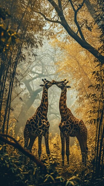 Fotografia premiata di una coppia di giraffe nella foresta pluviale