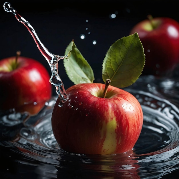 Fotografia Premium Rossa Mela Spruzzando con Acqua Fresca Modello di pubblicità di sfondo