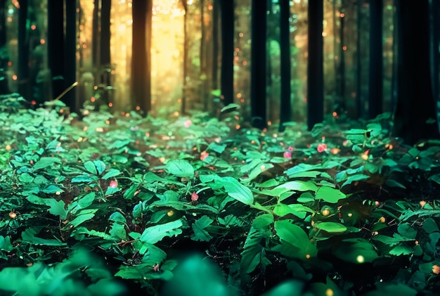 Fotografia Primo piano Foresta magica con piante vibranti e luminose