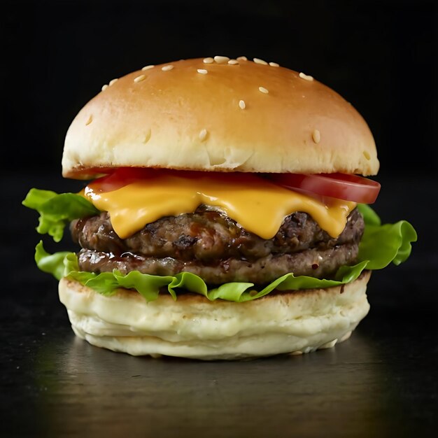 fotografia professionale di cibo da vicino di un hamburger con lattuga e pomodoro