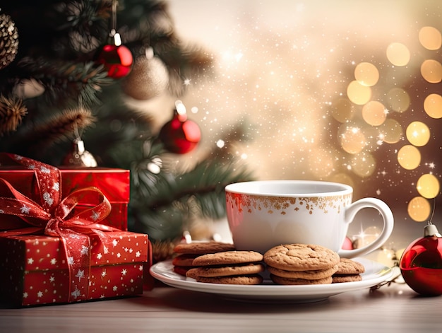 Fotografia professionale di classificazione del colore del primo piano della tazza di caffè e dei contenitori di regalo dei biscotti di Natale