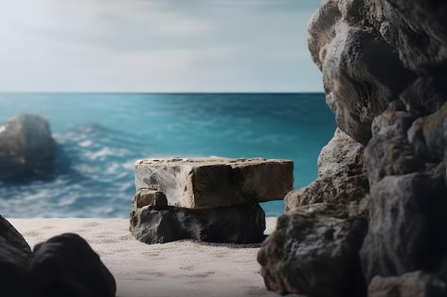 Fotografia professionale Podio vuoto Tema oceano Spiaggia rocciosa AI generativa