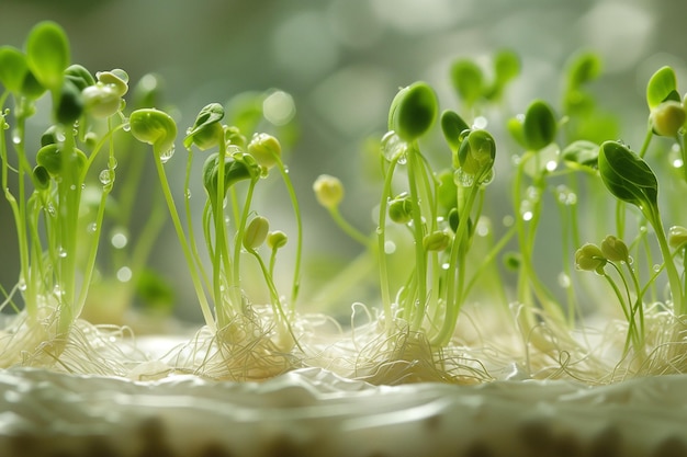 Fotografia ravvicinata del processo di coltivazione dei germogli di fagioli utilizzando carta tissue