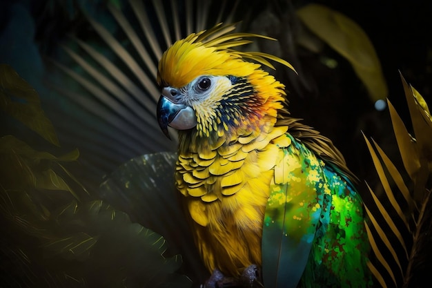 Fotografia ravvicinata di un Guacamaya giallo vivido nella giungla IA generativa