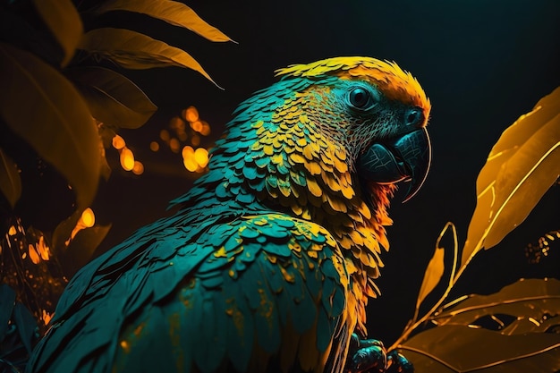 Fotografia ravvicinata di un Guacamaya giallo vivido nella giungla IA generativa