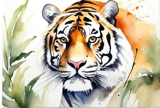 Fotografia reale di una tigre ad acquerello con una foresta sullo sfondo