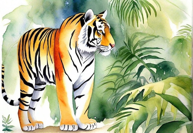 Fotografia reale di una tigre ad acquerello con una foresta sullo sfondo