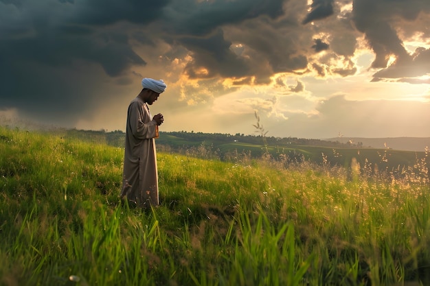 fotografia realistica del muazin islamico adzan alla savana verde