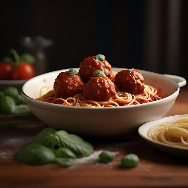 Fotografia realistica di cibo foto di spaghetti e polpette AI