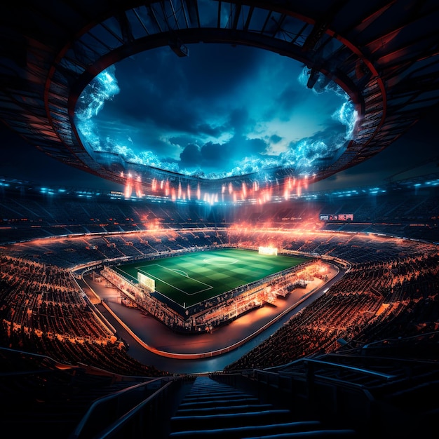 fotografia realistica di un moderno stadio di calcio illuminato