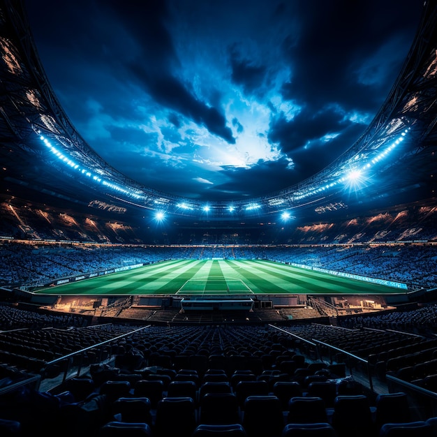 fotografia realistica di un moderno stadio di calcio illuminato