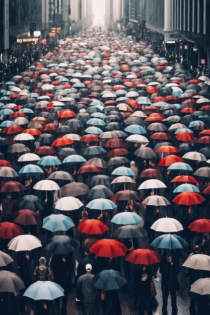 Fotografia realistica folla di peples con ombrelli in una giornata di pioggia generativa ai