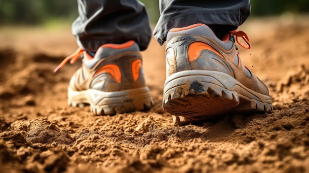 Fotografia Scarpe da trekking sporche che camminano nella sporcizia