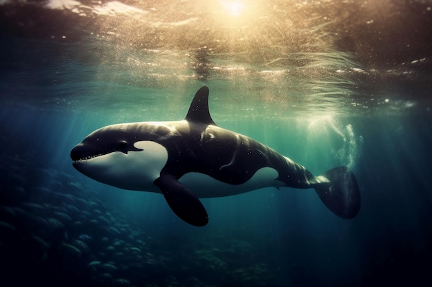 Fotografia sott'acqua iper realistica di un'orca AI generativa