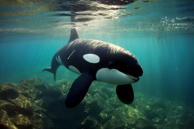 Fotografia sott'acqua iper realistica di un'orca AI generativa