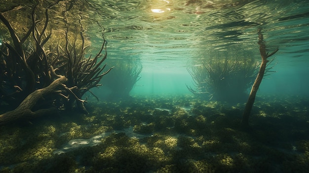 Fotografia subacquea di una foresta di mangrovie con alluvione IA generativa