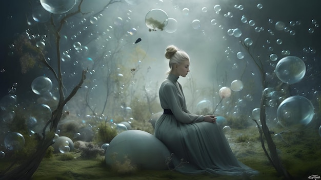 Fotografia surreale di una donna in un mondo di bolle generativo AI
