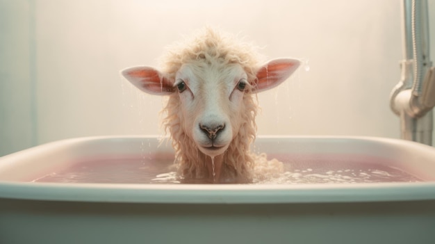 Fotografia surrealista pecore in una grande vasca con camicia a maniche lunghe