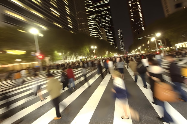 Fotografia time-lapse di persone in rapido movimento e occupate in città di notte