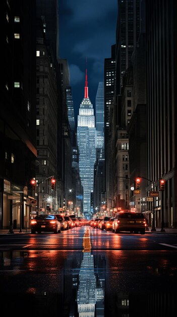 fotografia ufficiale di una strada della città di notte con un riflesso nel generatore d'acqua ai