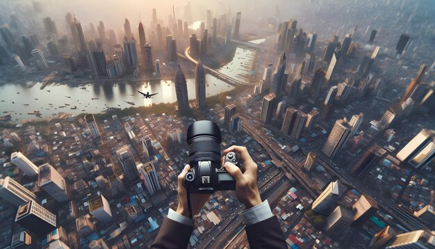 Fotografo aereo che cattura momenti candidi in una metropoli vivace