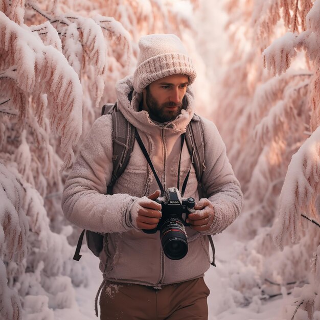 Fotografo che cattura paesaggi invernali aiutato da Ai generative