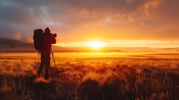 Fotografo con zaino e treppiede che scatta immagini del bellissimo tramonto sulla prateria