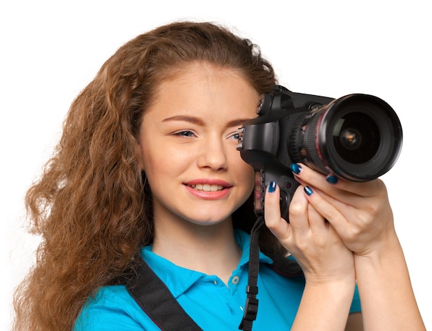 Fotografo di donna con la macchina fotografica